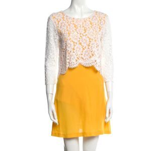 Sandro Paris Yellow Lace Overlay Mini Dress S White Layered 3/4 Sleeve Preppy